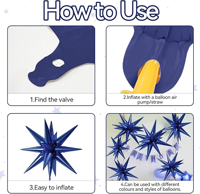 6PCS Star Balloons, 22Inch Large Navy Blue Star Balloon Explosion Foil Balloons Cone Spike Balloon for Birthday Graduation Wedding Anniversary Party Backdrops Decorations