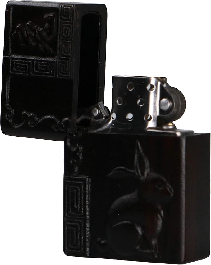 Natural Ebony Black Wood Carved Lighter Shell Box For Zippo Module (Zodiac Rabbit)