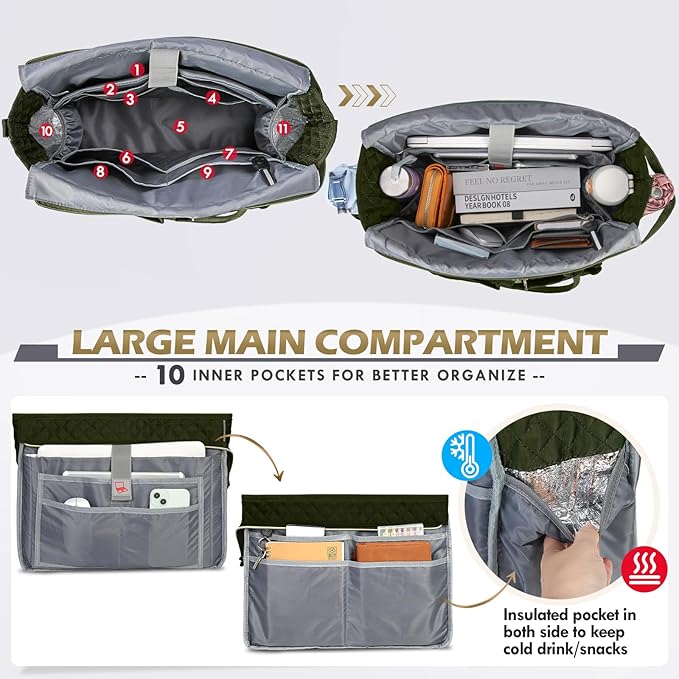 RAINSMORE Teacher Tote Bag 15.6 inch Laptop Bag for Women Work Bags Laptop Tote Nurse Bag Professional Computer Messenger with Insulated Pocket, Laptop Briefcase for Office, College, Olive Green