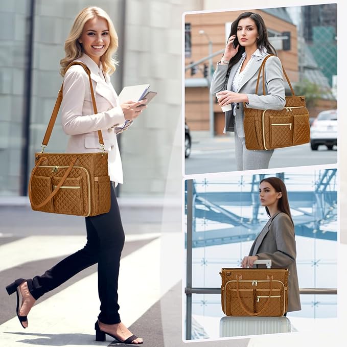 RAINSMORE Teacher Tote Bag 15.6 inch Laptop Bag for Women Work Bags Laptop Tote Nurse Bag Professional Computer Messenger with Insulated Pocket, Laptop Briefcase for Office, College, Nursing, Brown