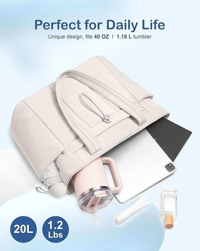 TOPDesign Puffy Tote Bag for Women with Cup Holder & Laptop Compartment & Cosmetic Bag & Trolley Sleeve for Work, Travel