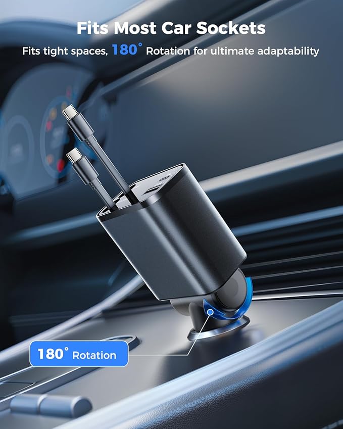 SUPERONE Smaller 4 in 1 Retractable Car Charger with Dual Type C Cords, 69W Fast Retractable USB C Car Charger, Car Accessories Car Chargers for iPhone 17 16 15 14 13 12 Galaxy Pixel