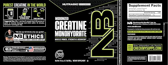 NutraBio Pure Micronized Creatine Monohydrate Powder Supplement, Unflavored, (500 g) - Supports Bulk Muscle Energy, Recovery, and Strength - HPLC Tested Creatine Powder Supplement for Men and Women