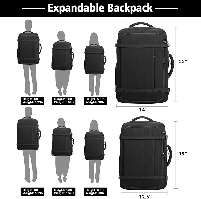 Travel Backpack,40-50L Expandable Carry On Backpack with USB Cable Port Fits 17.3 Inch Laptop Bag,Water Resistant Weekender Backpack for Men Women Business,Hiking,Daily Commuting,Black