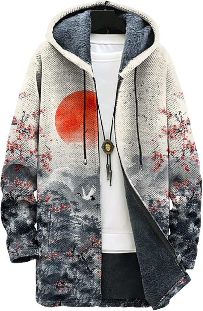 MARSVOVO Long Hooded Cardigan Men Japanese Art Style Fashion Cool Graphic Streetwear Winter Warm Lined Fleece Jacket