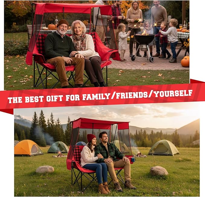Heated Double Camping Chair with Canopy, Padded Loveseat 660lbs Folding Portable Chair with Pocket for Adult Outdoor Lawn, 4 Heating Zones 3 Heat Level, Use 5v/3a Power Bank (Not Included)(Red Plaid)