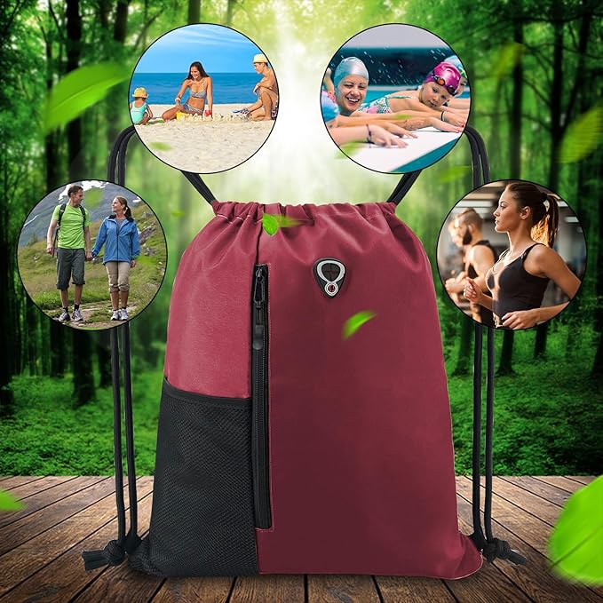 BeeGreen Maroon Drawstring Backpack Gym Bag For Men & Women – Sports Sackpack with Mesh Water Bottle Holder & 2 Zippered Pockets – Large 16x20 Inch Cinch String Backpack