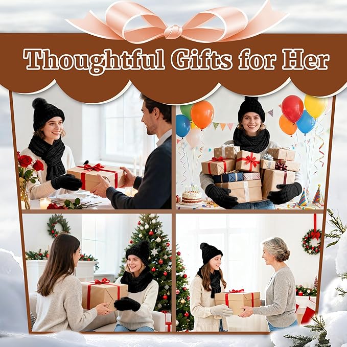 Winter Hat Scarf Gloves Set for Women, Warm Knit Beanie, Touch Screen Gloves and Soft Neck Warmer