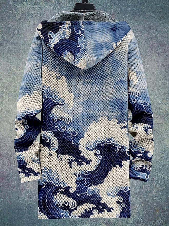 2025 Men's Ethnic Pattern Hooded Jacket Long Cardigan Hoodies Full Zip Vintage Knitted Zipper Coat with Pocket