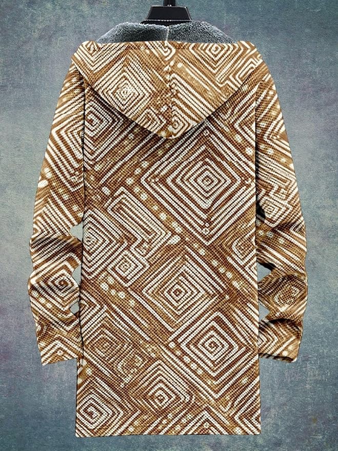 2025 Men's Ethnic Pattern Hooded Jacket Long Cardigan Hoodies Full Zip Vintage Knitted Zipper Coat with Pocket