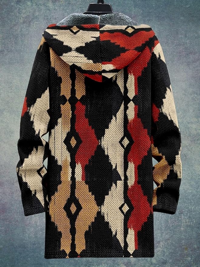 2025 Men's Ethnic Pattern Hooded Jacket Long Cardigan Hoodies Full Zip Vintage Knitted Zipper Coat with Pocket