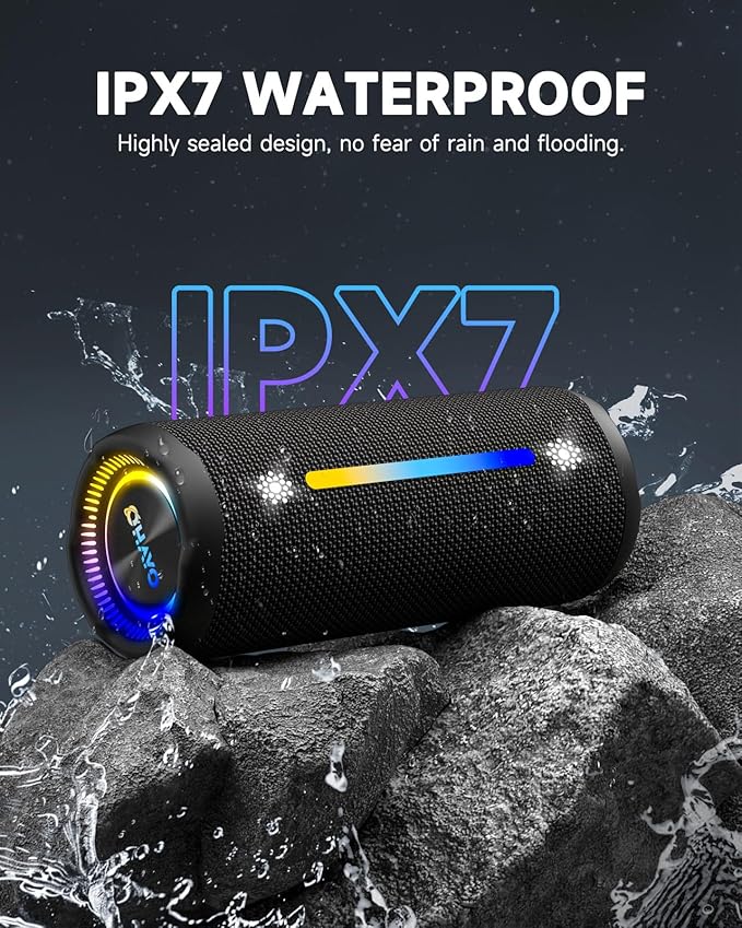 Bluetooth Speakers Wireless Loud Stereo Sound IPX7 Waterproof Outdoor Portable 25W Super Bass Speaker for Home Party Beach with 24H Playtime Colorful Lights BT5.3 TWS Pairing Birthday Gift Black