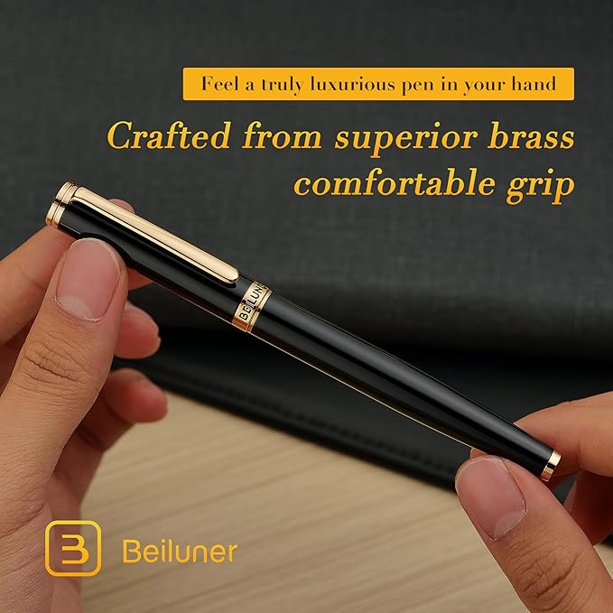 BEILUNER Black Fountain Pen,Stunning Luxury Pens with 24K Gold Accents, Gorgeous 24K Gilded Nib(Fine), Trustworthy Pen Gift for Men&Women -Ink Converter-Elegant, Reliable,Fancy Pen for Writing