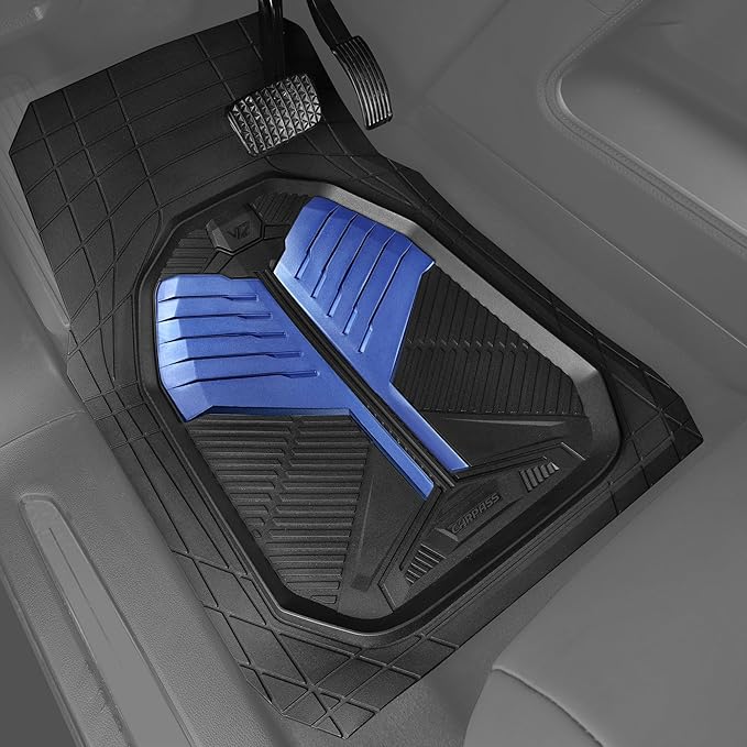 CAR PASS Heavy Duty Rubber Car Mats, Deep-Dish Car Floor Mats All Weather, Universal Two-Tone Trim-to-Fit for SUVs Trucks Sedans, Waterproof Anti-Slip, 3 Pieces V12 Black and Metallic Blue