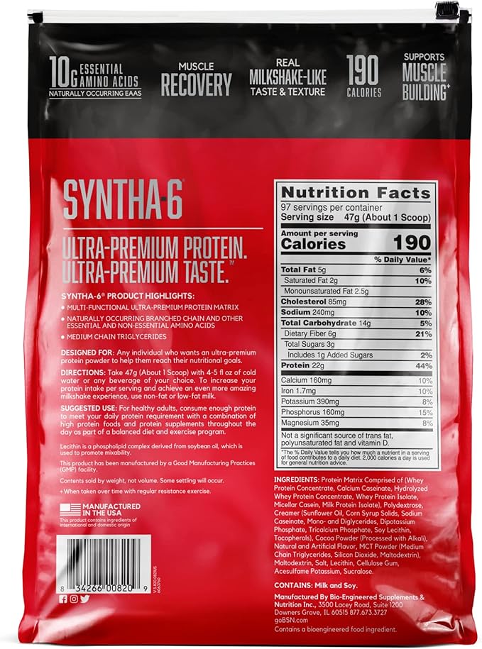 BSN SYNTHA-6 Whey Protein Powder with Micellar Casein, Chocolate Milk Protein Isolate Powder, Chocolate Milkshake, 97 Servings (Package May Vary)