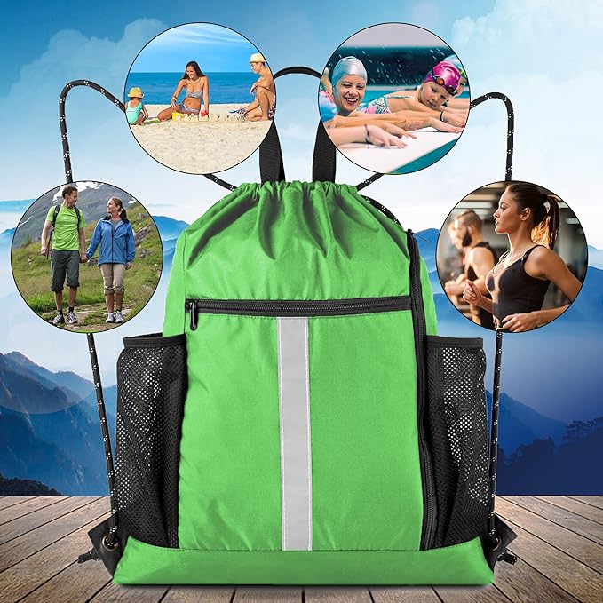 BeeGreen Bright Green Drawstring Backpack Bag Sports Gym Backpack with Shoe Compartment and Two Water Bottle Holder for Men Women Large Athletic Cinch Sackpack Workbag