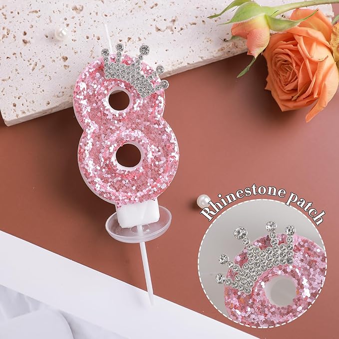 Birthday Number Candles,Pink Crown Birthday Candles for Cake,Glitter Number 1 Candle Cake Topper with Sequins for Girls,Women, Anniversary Celebrations Supplies (Pink 1)