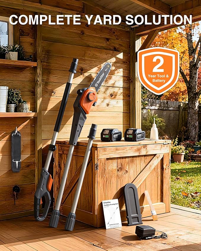 8-Inch Cordless Pole Saw, Electric Pole Saws for Tree Trimming, 2×4000mAh Batteries, 600W Powerful Motor, Max Reach 15Ft, Tool-Free Chain Tensioning, Auto Lubrication