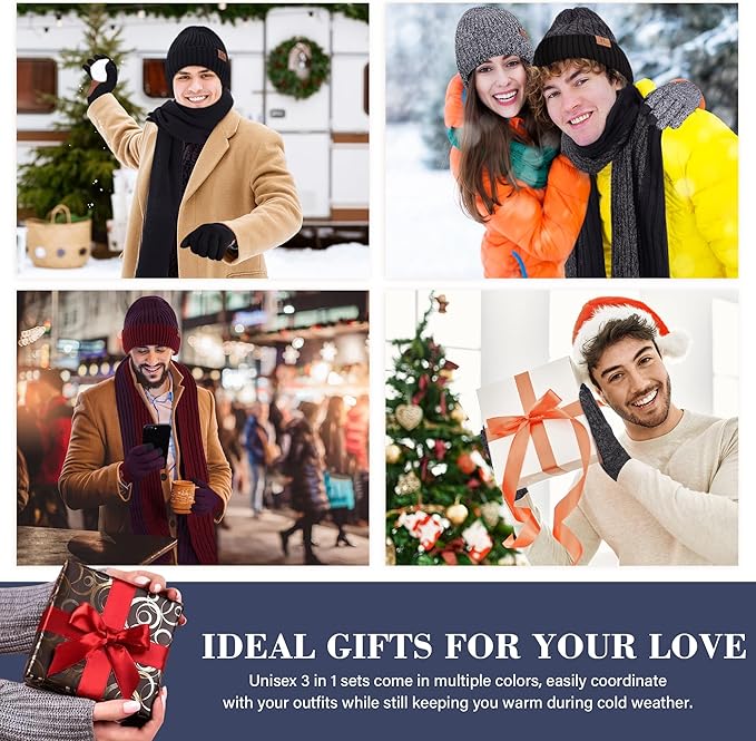FZ FANTASTIC ZONE Mens Winter Knit Hat Beanie Long Neck Scarf Touchscreen Gloves Set Fleece Skull Caps Gifts for Men Women