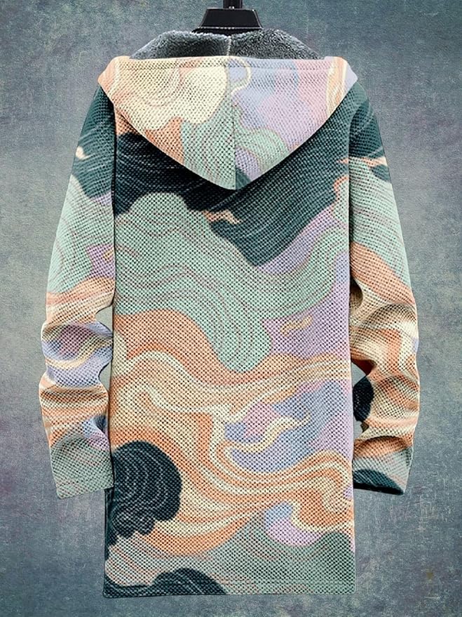 2025 Men's Ethnic Pattern Hooded Jacket Long Cardigan Hoodies Full Zip Vintage Knitted Zipper Coat with Pocket