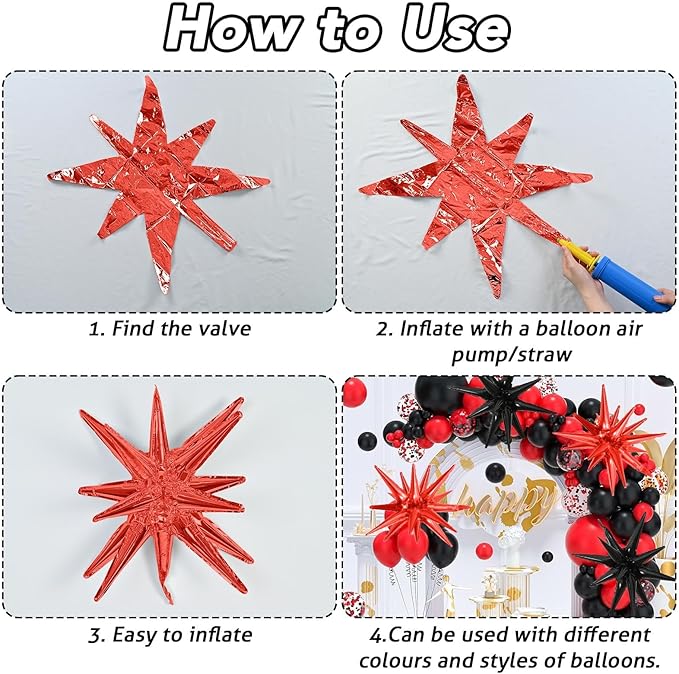 6PCS Black Red Star Balloons, 22Inch Large Star Balloon Explosion Foil Balloons Cone Spike Balloon for Birthday Graduation Festival Film Casino New Year Party Decorations