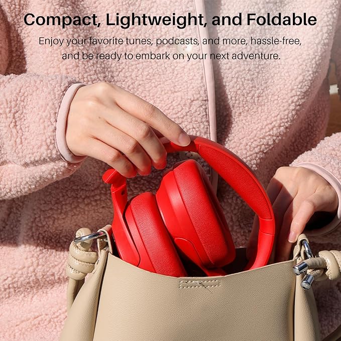 TOZO HT2 Hybrid Active Noise Cancelling Headphones, Wireless Over Ear Bluetooth Headset, 60H Playtime, Hi-Res Audio Custom EQ via App Deep Bass Comfort Fit Ear Cups, for Home Office Travel Red