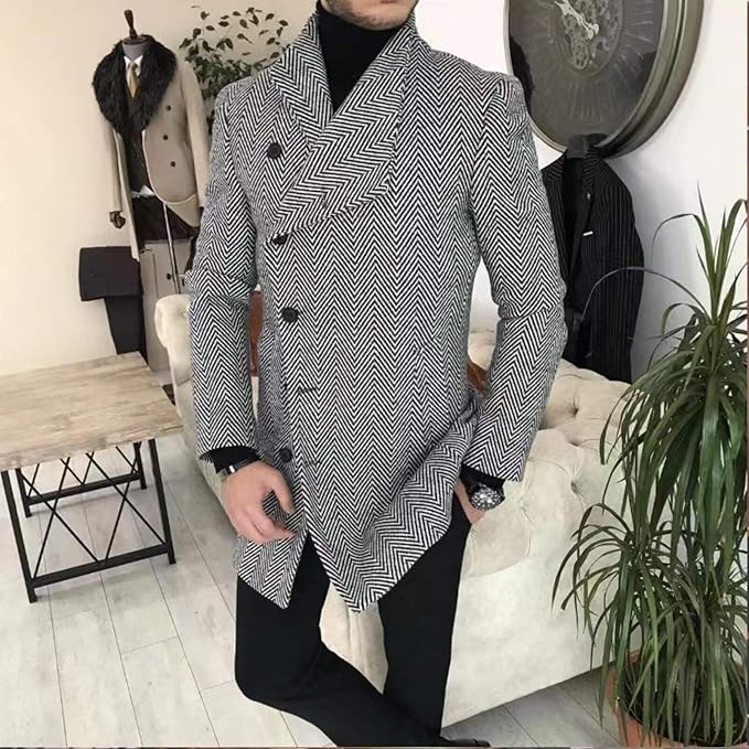 Men's Plaid Long Trench Coat Mid - Length Lapel Collar Button Down Warm Overcoat for Winter & Autumn Fashion