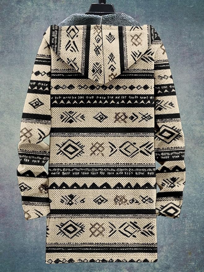 2025 Men's Ethnic Pattern Hooded Jacket Long Cardigan Hoodies Full Zip Vintage Knitted Zipper Coat with Pocket