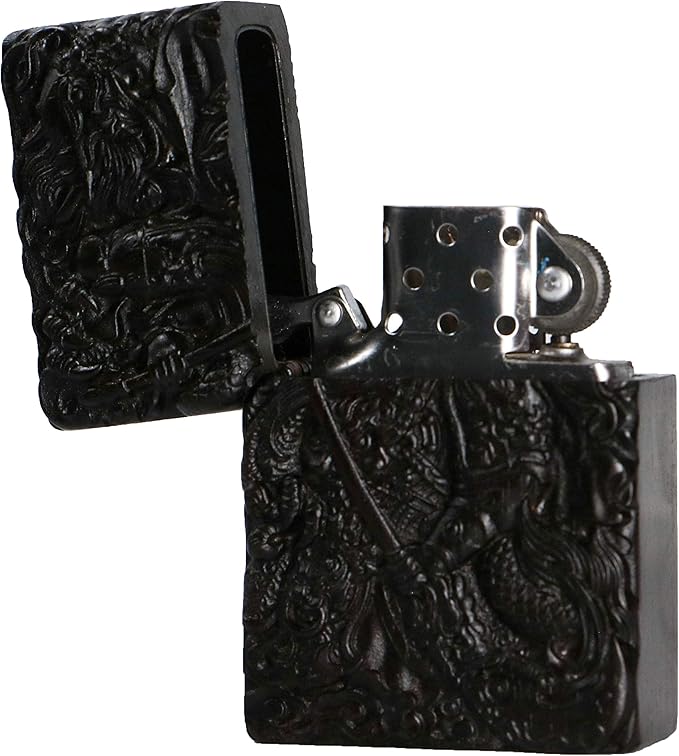 Natural Ebony Black Wood Carved Lighter Shell Box For Zippo Module (Guan Gong Yu Warrior Dragon 2#)