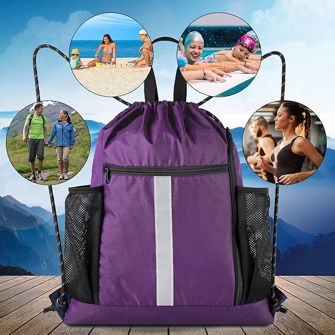 BeeGreen Purple_Drawstring_Backpack_Bag_Sports_Gym_Backpack with Shoe Compartment and Two Water Bottle Holder for Men Women Large String Athletic Sackpack Workbag