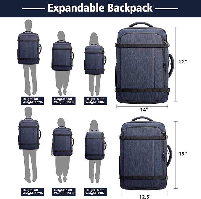 Carry On Backpack,50–60L Expandable Large Capacity Travel Backpack with Cable Access Port Fits 18.4 Inch Laptop, Water Resistant Airline Travel Backpack for Men College Hiking Work Commuting, Blue