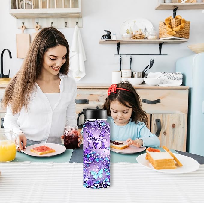 Personalized Butterfly Water Bottles for Girls with Straw Lid Custom Sports Water Bottle for School Customized Name Stainless Steel Double Wall Insulated Cup Birthday Gifts for Kids Style11