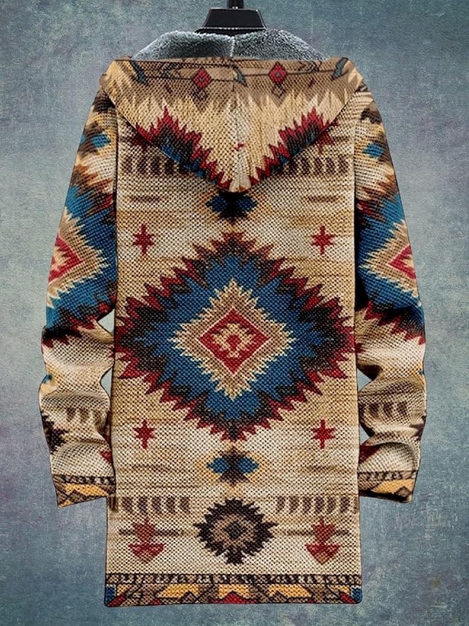 2025 Men's Ethnic Pattern Hooded Jacket Long Cardigan Hoodies Full Zip Vintage Knitted Zipper Coat with Pocket
