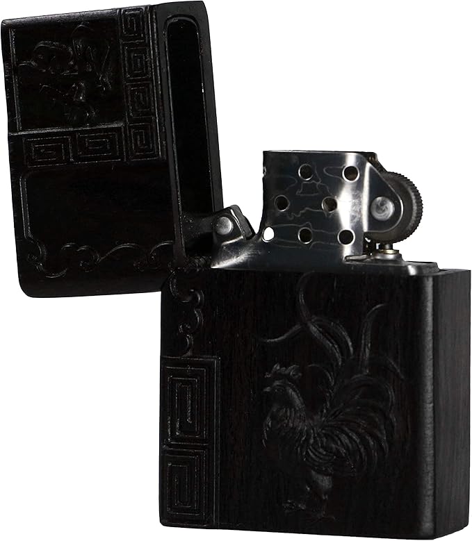 Natural Ebony Black Wood Carved Lighter Shell Box For Zippo Module (Zodiac Rooster)