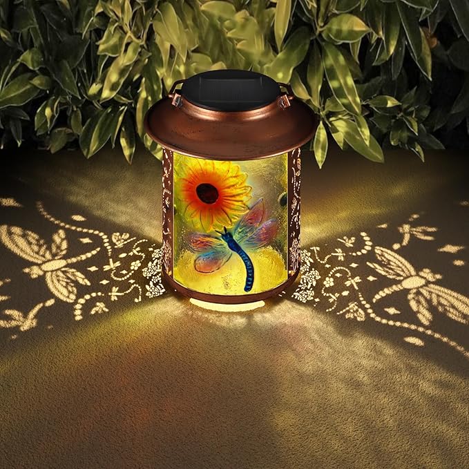 Dragonfly Solar Lanterns Outdoor Waterproof, Birthday Gifts for Women Mom Grandma , Metal Garden Decor Hanging Solar Lights Outside Decorative for Yard Patio Backyard Porch Decorations (Sunflower)