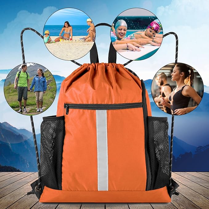 BeeGreen Orange Drawstring Backpack Bag Cinch Sack with Shoe Compartment and Two Side Mesh Pockets Lightweight Large Sturdy Drawstring Gym Sackpack For Unisex