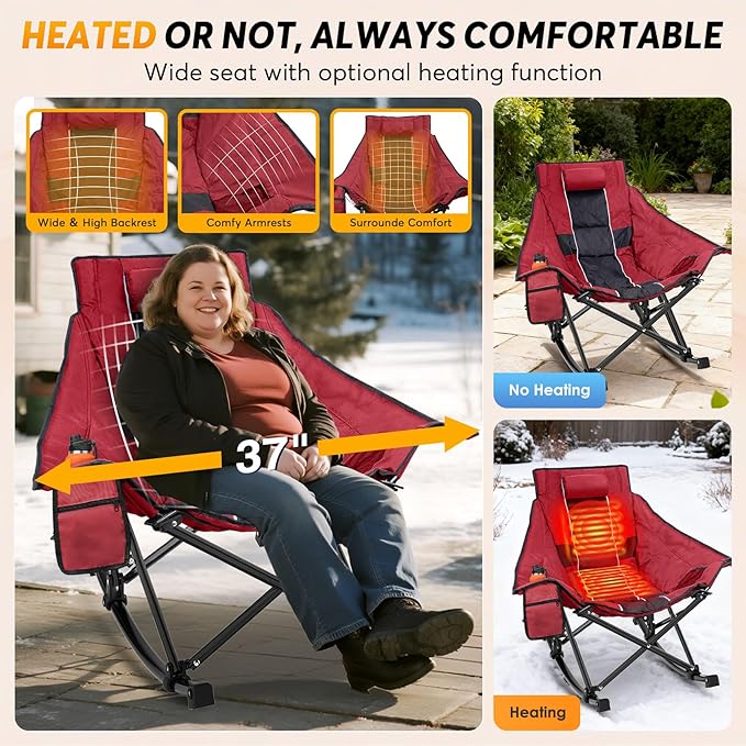 Suteck Heated Rocking Camping Chair - Fully Thicker Padded Heated Chairs for Outdoor Sports W/3 Heat Levels for Back & Seat, Heated Folding Chair for Adults with Carry Bag- Battery NOT Included