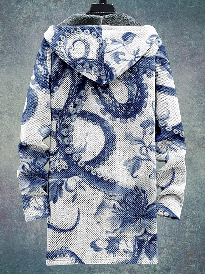 2025 Men's Ethnic Pattern Hooded Jacket Long Cardigan Hoodies Full Zip Vintage Knitted Zipper Coat with Pocket