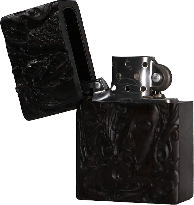 Natural Ebony Black Wood Carved Lighter Shell Box For Zippo Module (Half Buddha &Devil Face)