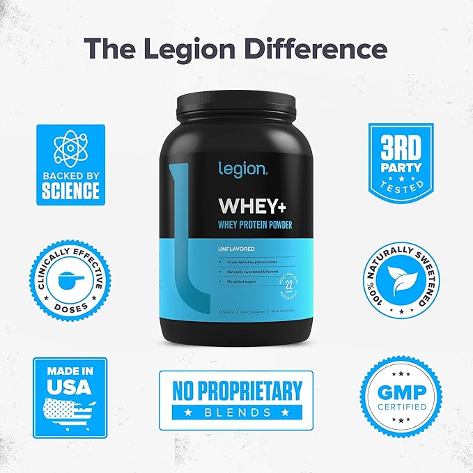 LEGION Whey+ Protein Whey Isolate from Grass Fed Cows - Whey Protein Isolate Powder Low Calorie, Non-GMO, Sugar Free, Lactose and Gluten Free, All Natural Protein Powder for Men & Women, 30 Servings…
