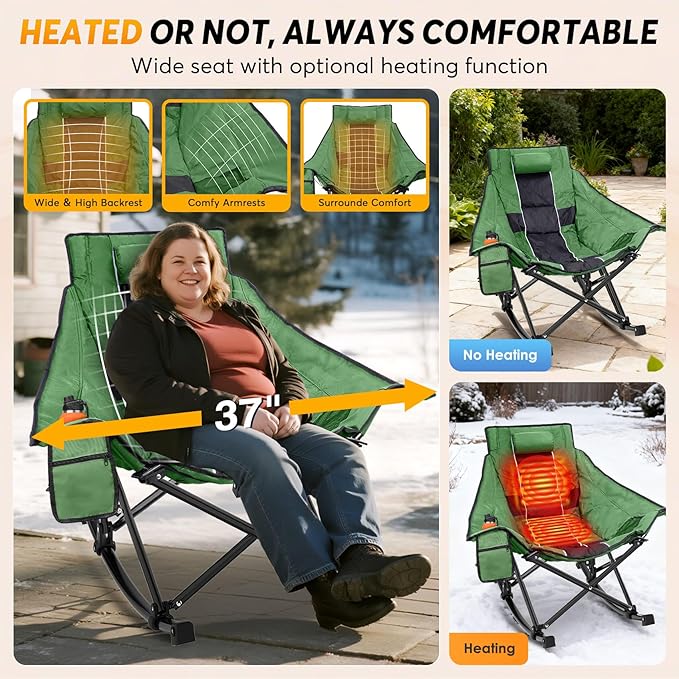 Suteck Heated Rocking Camping Chair, XL Oversized Rocking Chair Outdoor with 3 Heat Levels for Back and Seat, Heated Chairs Outdoor Sports for Patio Lawn Picnic Travel, Power Bank(Not Included)
