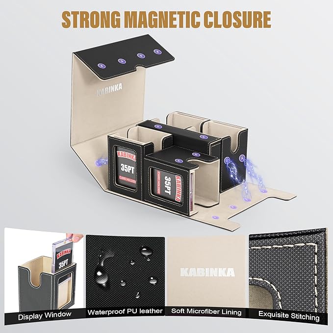 Card Deck Box for MTG with Commander Display, 5 in 1 Card Storage Box Fits 400+ Double-sleeved Cards, Removable Deck Case for TCG/Sports Cards with Dice Tray, 4 Magnetic Card Holders (Black Gold)
