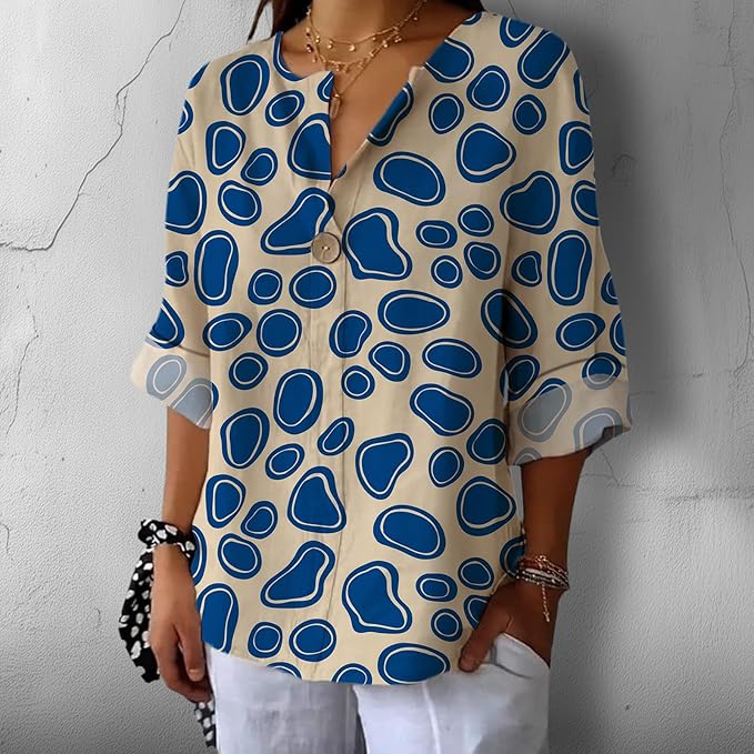 Fashion Shirts for Women Loose Fit Button Down V Neck Blouse 3/4 Sleeves Casual Tunic Tops Summer Outfits