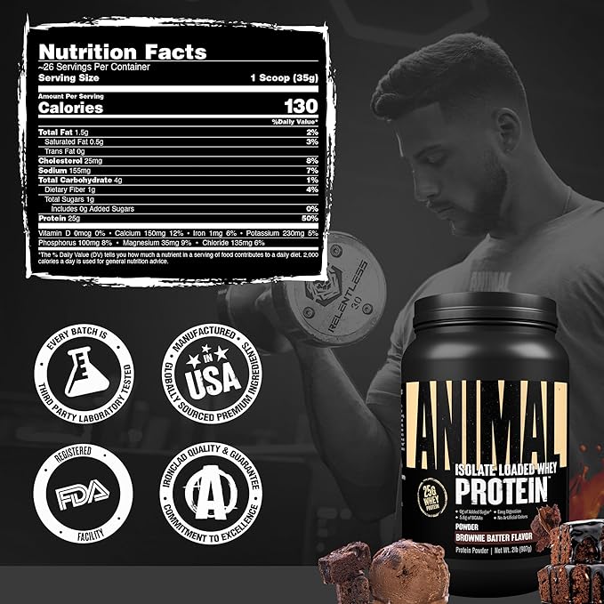 Animal Whey Isolate Protein Powder - Loaded for Pre & Post Workout Muscle Builder and Recovery with Digestive Enzymes for Men & Women - 25g Protein, Great Taste, Low Sugar - Brownie Batter 2 lbs