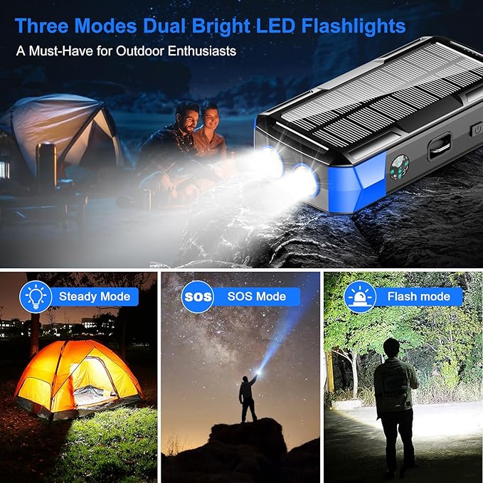 Solar Charger Power Bank 73200mAh, Portable Laptop Charger with 100W USB-C in/Output, Built-in Cables, Hand Crank Power Bank for Mobile Phones, Ideal for Outdoor Use with SOS/Strobe/Strong (blue)