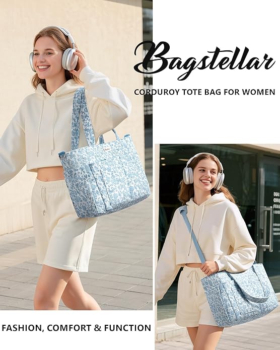 Corduroy Tote Bag for Women, 17 Pockets Laptop Work Tote Lightweight Teacher Nurse Bible Shoulder Bag for School Daily Travel