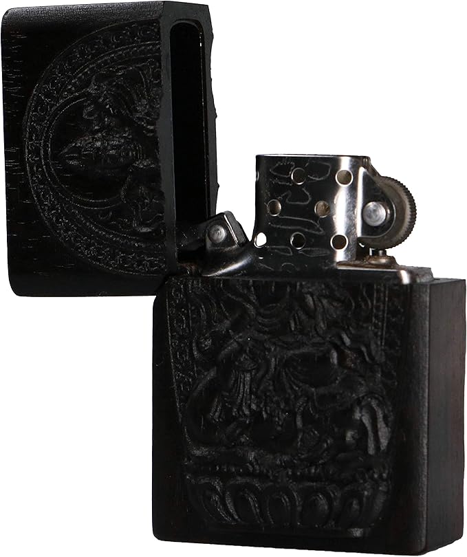 Natural Ebony Black Wood Carved Lighter Shell Box For Zippo Module (Protector Deity/Samantabhadra Boddhisattva)