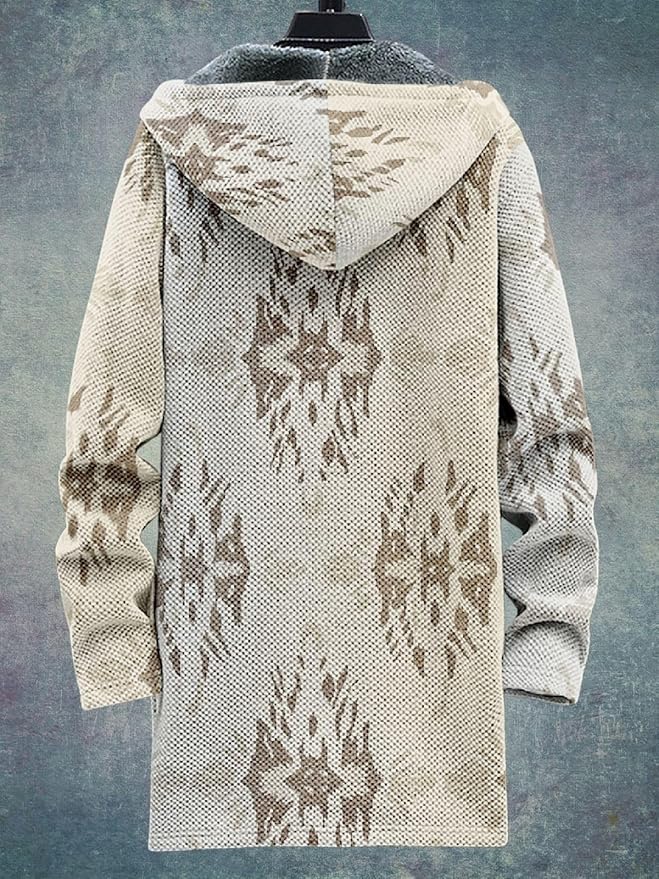 2025 Men's Ethnic Pattern Hooded Jacket Long Cardigan Hoodies Full Zip Vintage Knitted Zipper Coat with Pocket