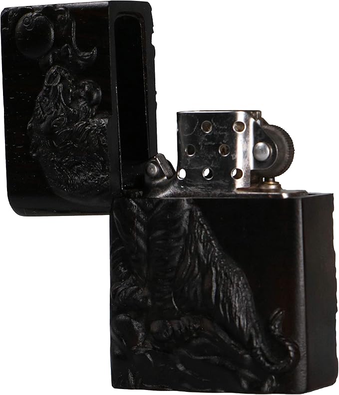 Natural Ebony Black Wood Carved Lighter Shell Box For Zippo Module (Hilltop Tiger)