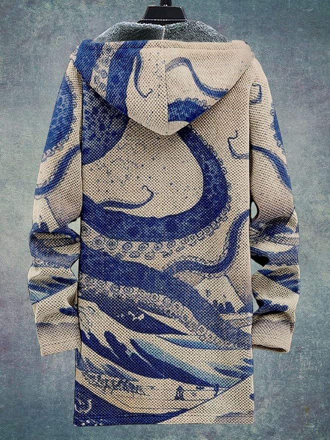 2025 Men's Ethnic Pattern Hooded Jacket Long Cardigan Hoodies Full Zip Vintage Knitted Zipper Coat with Pocket